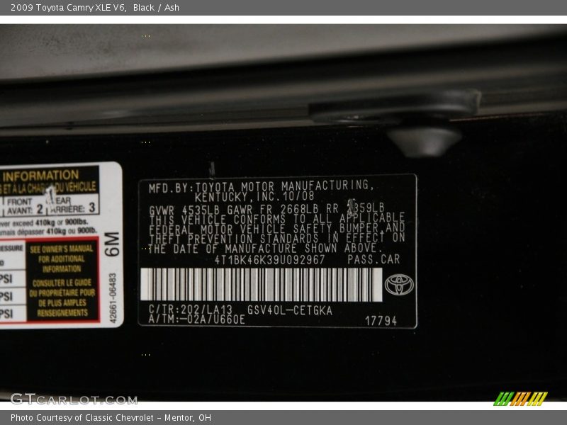 2009 Camry XLE V6 Black Color Code 202