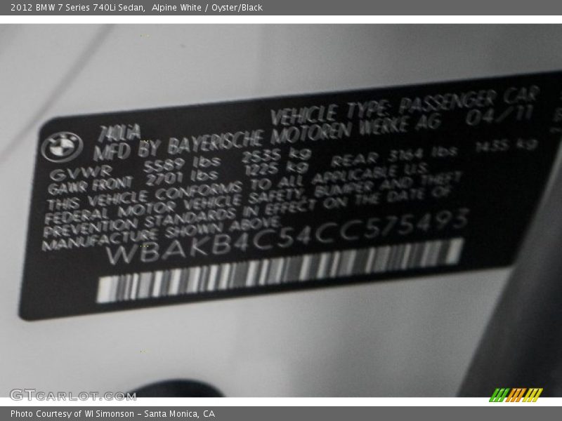 Alpine White / Oyster/Black 2012 BMW 7 Series 740Li Sedan