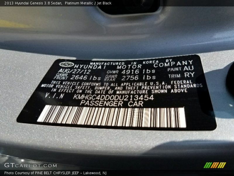 Platinum Metallic / Jet Black 2013 Hyundai Genesis 3.8 Sedan