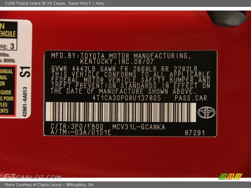 Super Red 5 / Ivory 2008 Toyota Solara SE V6 Coupe