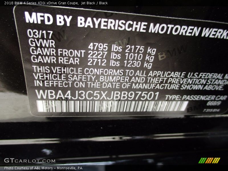 2018 4 Series 430i xDrive Gran Coupe Jet Black Color Code 668