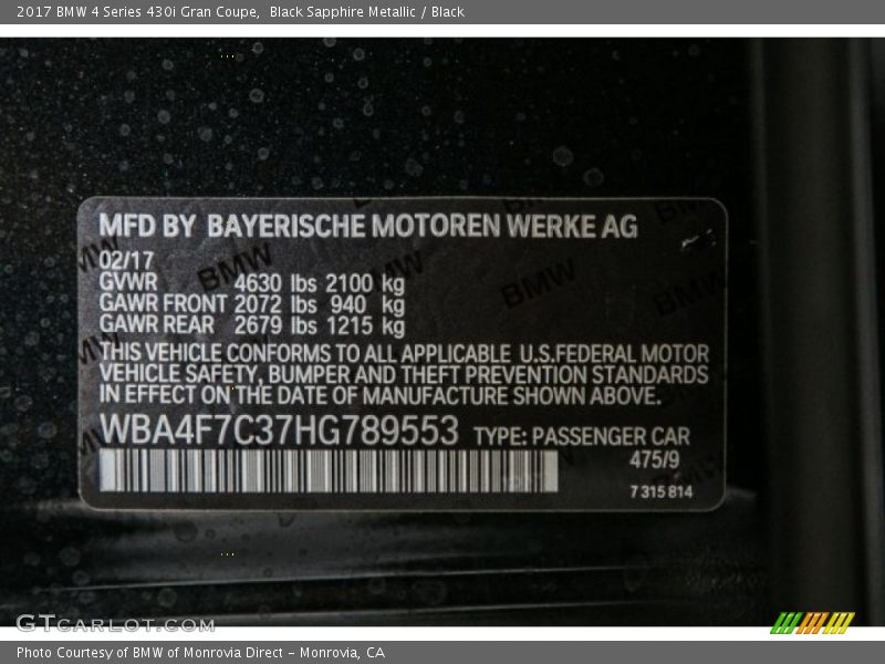 Black Sapphire Metallic / Black 2017 BMW 4 Series 430i Gran Coupe