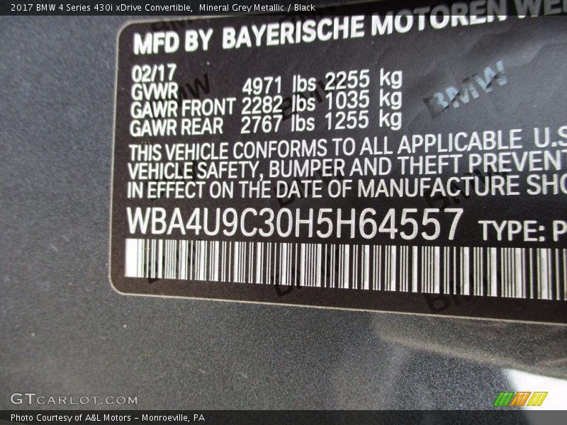 Mineral Grey Metallic / Black 2017 BMW 4 Series 430i xDrive Convertible