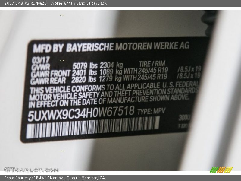 Alpine White / Sand Beige/Black 2017 BMW X3 xDrive28i