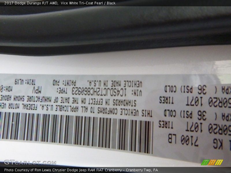Vice White Tri-Coat Pearl / Black 2017 Dodge Durango R/T AWD