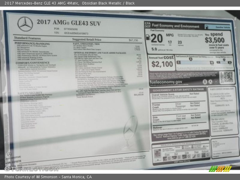  2017 GLE 43 AMG 4Matic Window Sticker