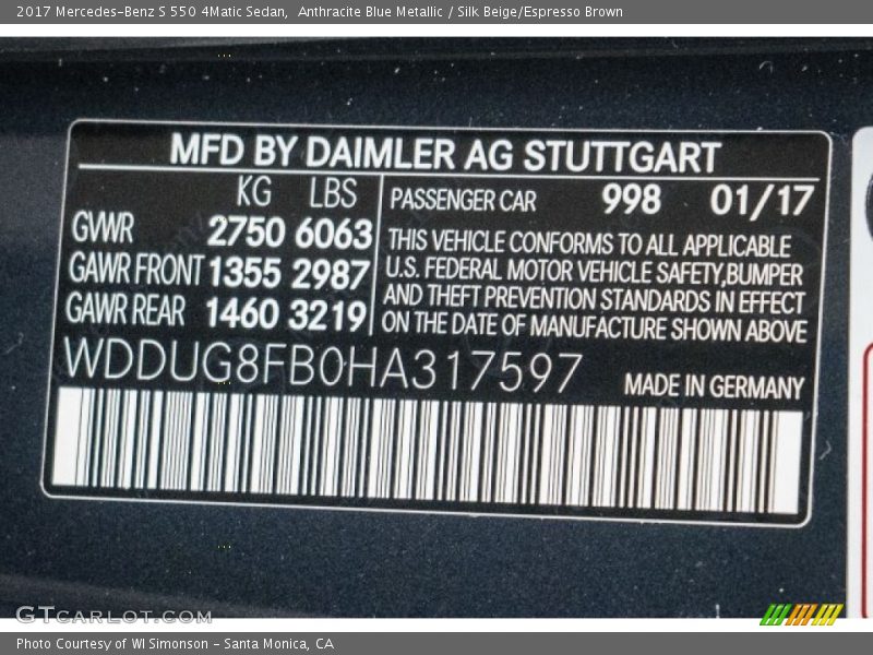 2017 S 550 4Matic Sedan Anthracite Blue Metallic Color Code 998
