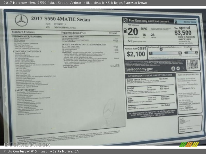  2017 S 550 4Matic Sedan Window Sticker