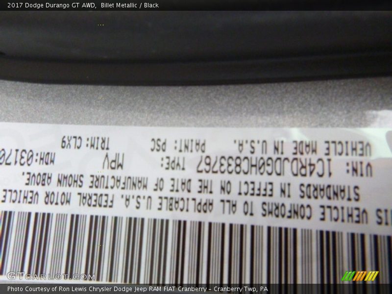 Billet Metallic / Black 2017 Dodge Durango GT AWD
