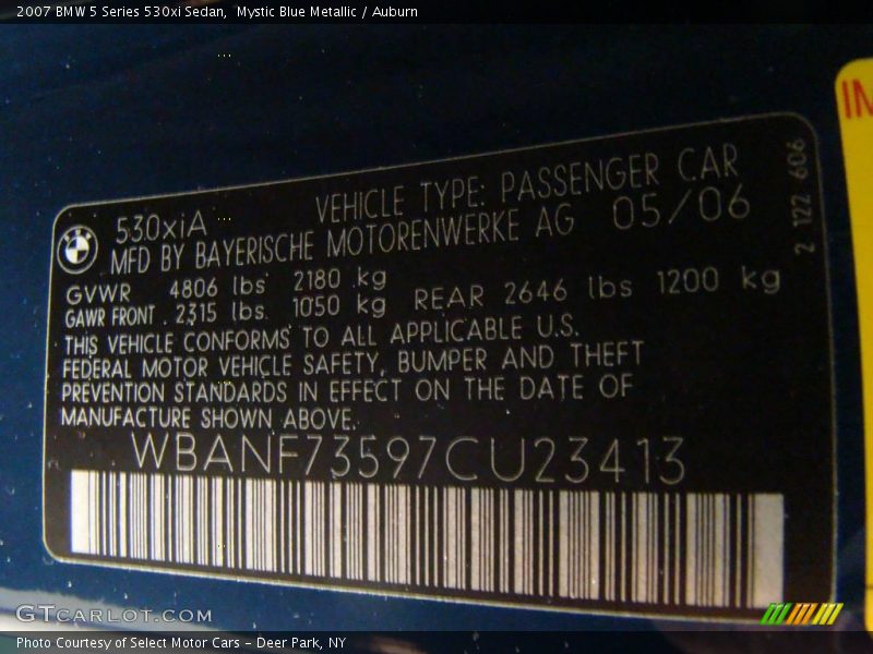 Mystic Blue Metallic / Auburn 2007 BMW 5 Series 530xi Sedan