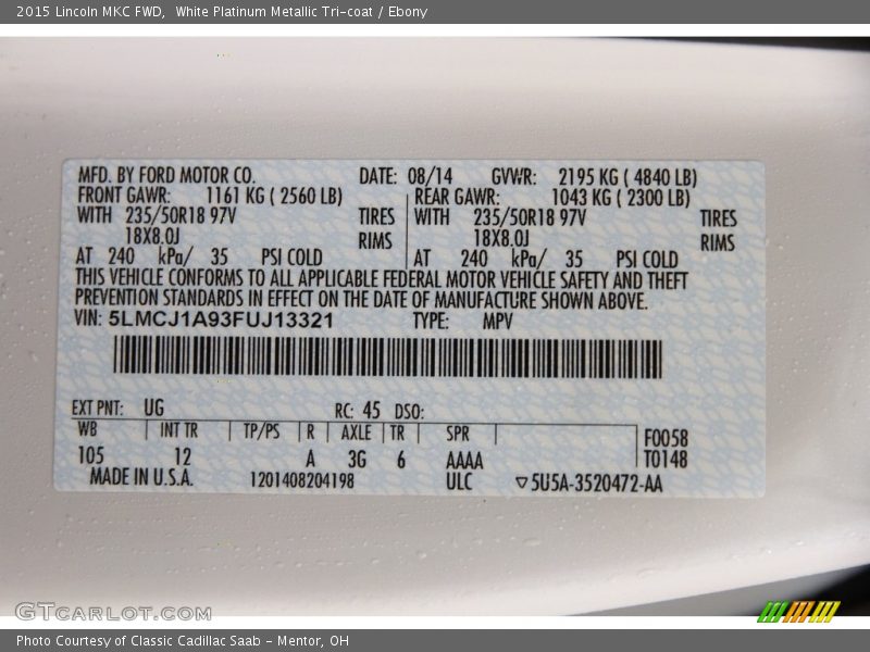 White Platinum Metallic Tri-coat / Ebony 2015 Lincoln MKC FWD