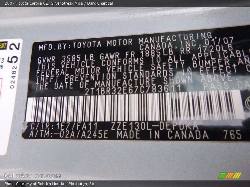 Silver Streak Mica / Dark Charcoal 2007 Toyota Corolla CE