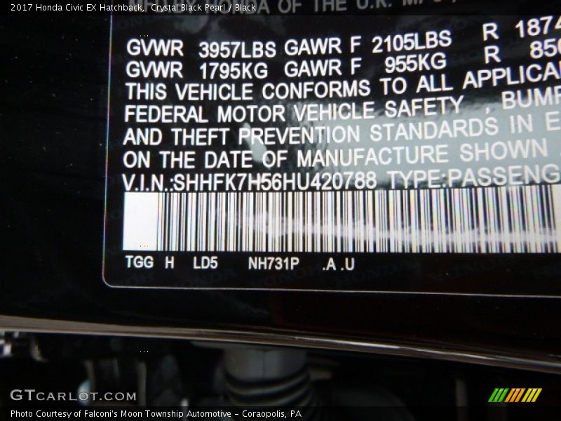 Crystal Black Pearl / Black 2017 Honda Civic EX Hatchback