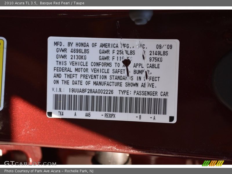 Basque Red Pearl / Taupe 2010 Acura TL 3.5