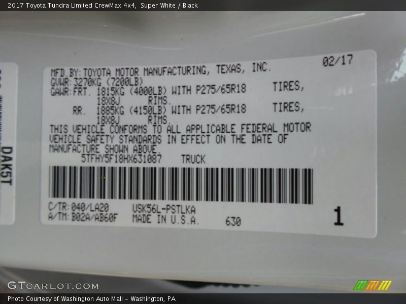 2017 Tundra Limited CrewMax 4x4 Super White Color Code 040