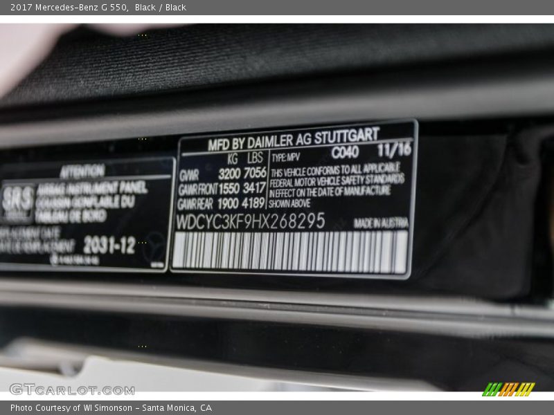 2017 G 550 Black Color Code 040