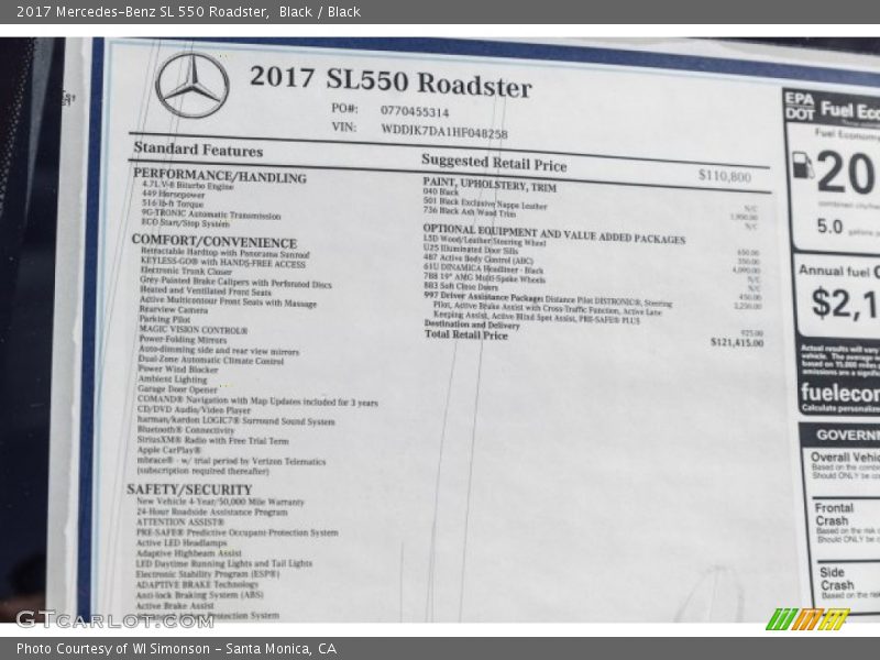  2017 SL 550 Roadster Window Sticker