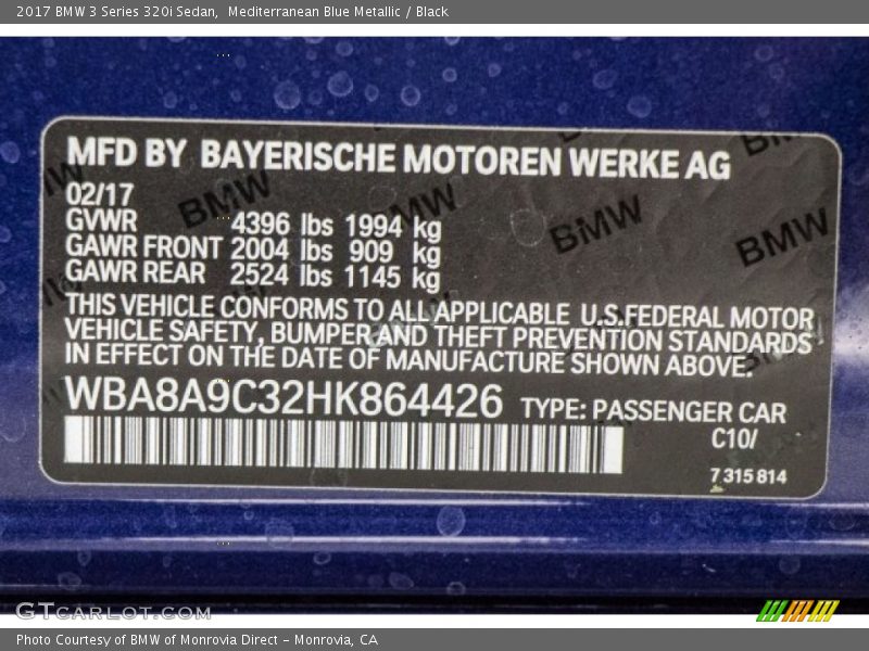 2017 3 Series 320i Sedan Mediterranean Blue Metallic Color Code C10