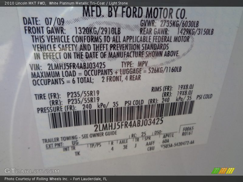 2010 MKT FWD White Platinum Metallic Tri-Coat Color Code UG