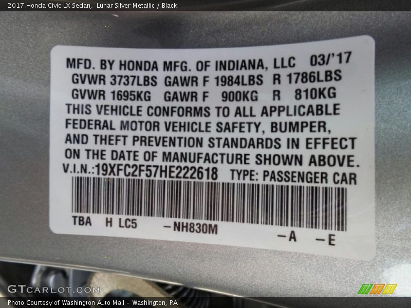 Lunar Silver Metallic / Black 2017 Honda Civic LX Sedan