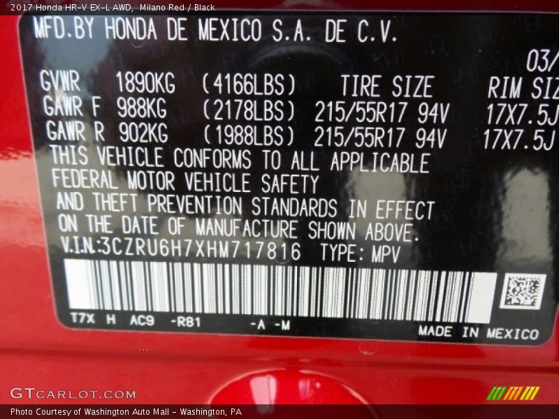 Milano Red / Black 2017 Honda HR-V EX-L AWD