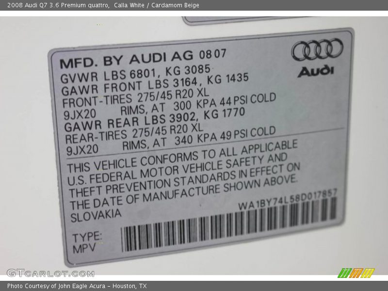 Calla White / Cardamom Beige 2008 Audi Q7 3.6 Premium quattro