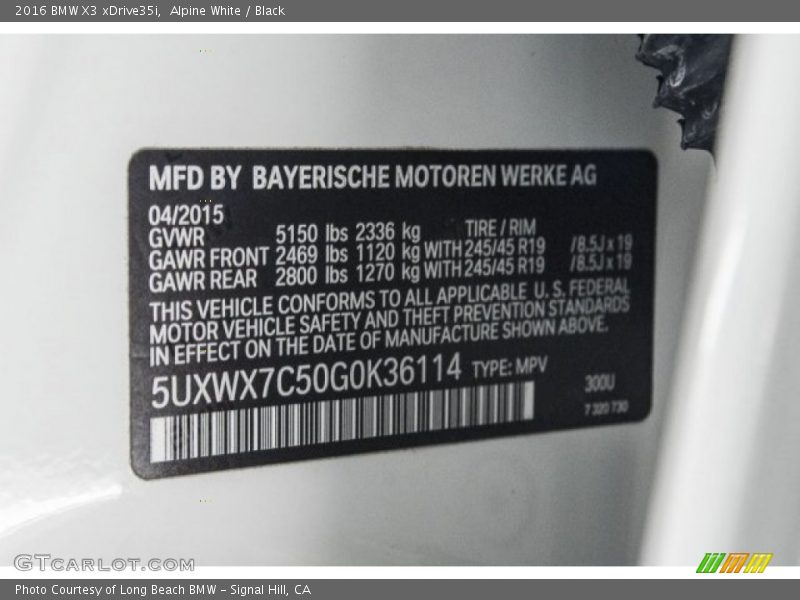 Alpine White / Black 2016 BMW X3 xDrive35i