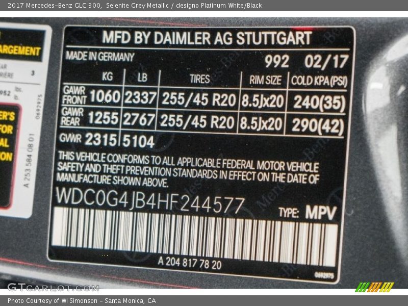 2017 GLC 300 Selenite Grey Metallic Color Code 992