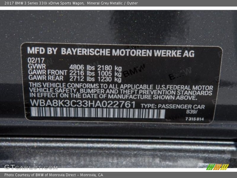 2017 3 Series 330i xDrive Sports Wagon Mineral Grey Metallic Color Code B39