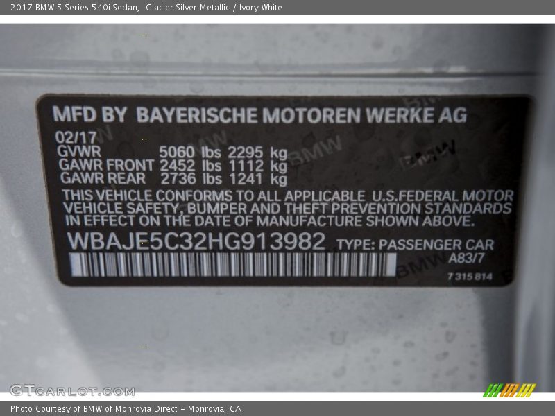 2017 5 Series 540i Sedan Glacier Silver Metallic Color Code A83