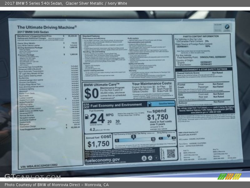  2017 5 Series 540i Sedan Window Sticker