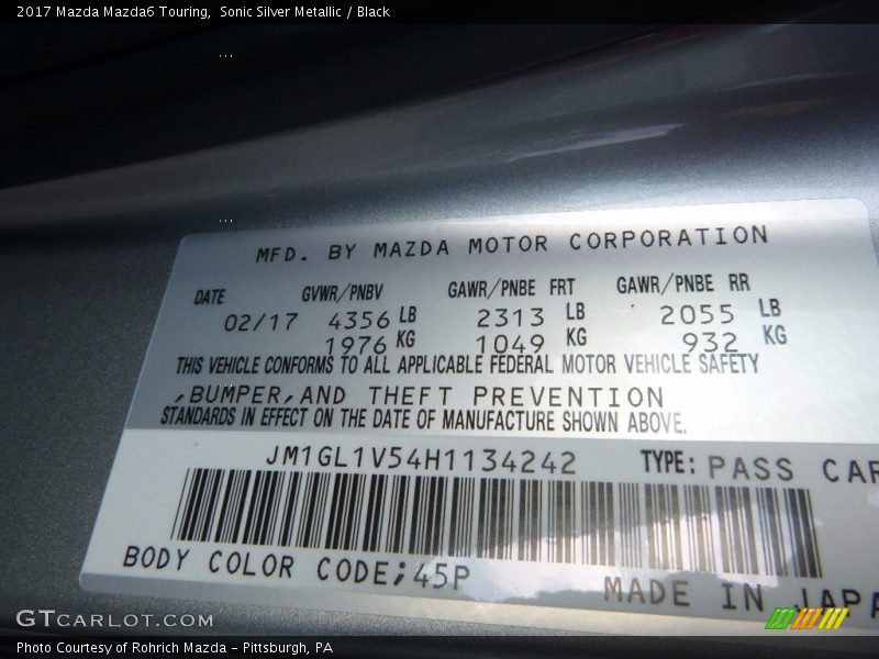 Sonic Silver Metallic / Black 2017 Mazda Mazda6 Touring