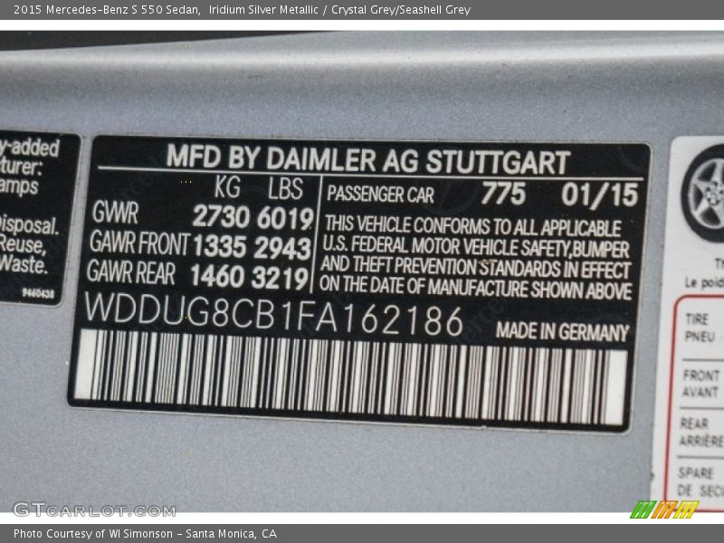 Iridium Silver Metallic / Crystal Grey/Seashell Grey 2015 Mercedes-Benz S 550 Sedan