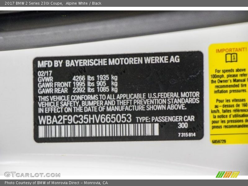 Alpine White / Black 2017 BMW 2 Series 230i Coupe