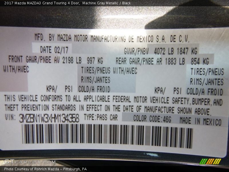 2017 MAZDA3 Grand Touring 4 Door Machine Gray Metallic Color Code 46G