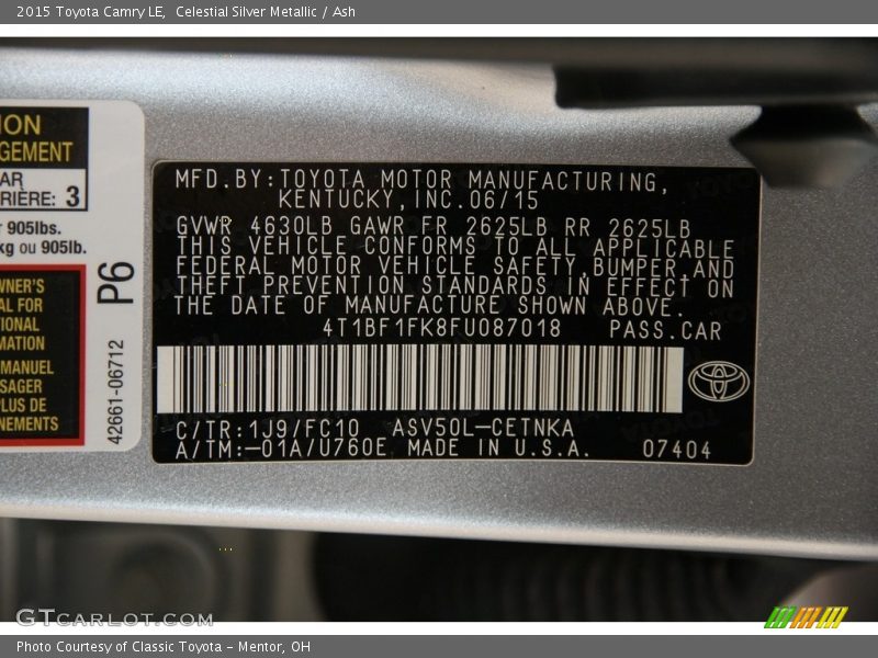 2015 Camry LE Celestial Silver Metallic Color Code 1J9