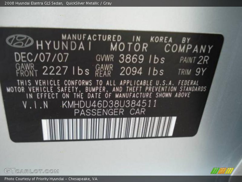 QuickSilver Metallic / Gray 2008 Hyundai Elantra GLS Sedan