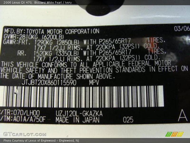 Blizzard White Pearl / Ivory 2006 Lexus GX 470