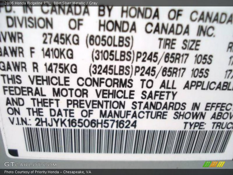 Billet Silver Metallic / Gray 2006 Honda Ridgeline RTL