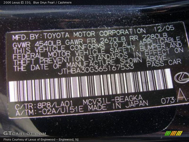 Blue Onyx Pearl / Cashmere 2006 Lexus ES 330