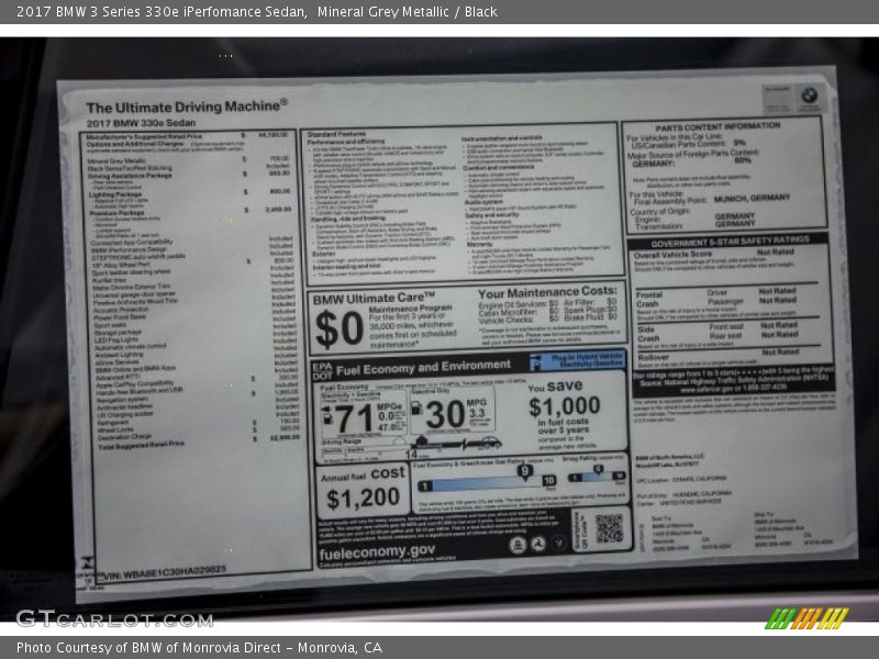  2017 3 Series 330e iPerfomance Sedan Window Sticker