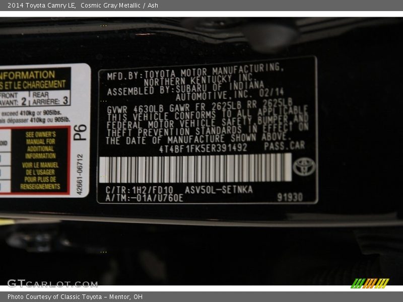 Cosmic Gray Metallic / Ash 2014 Toyota Camry LE
