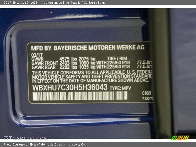 Mediterranean Blue Metallic / Canberra Beige 2017 BMW X1 sDrive28i