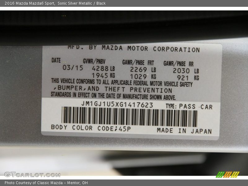 Sonic Silver Metallic / Black 2016 Mazda Mazda6 Sport