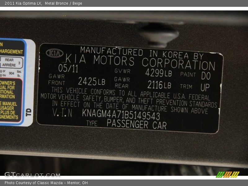 Metal Bronze / Beige 2011 Kia Optima LX