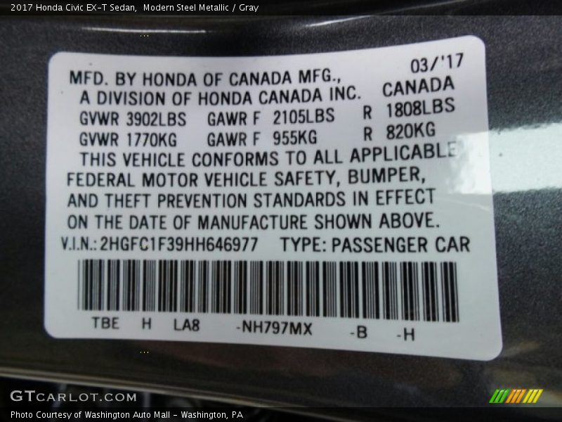 Modern Steel Metallic / Gray 2017 Honda Civic EX-T Sedan