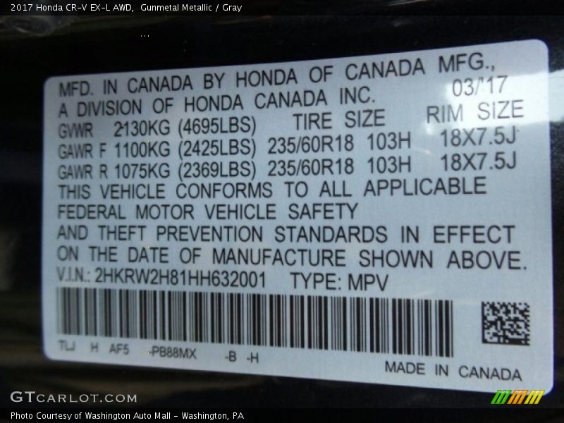 Gunmetal Metallic / Gray 2017 Honda CR-V EX-L AWD