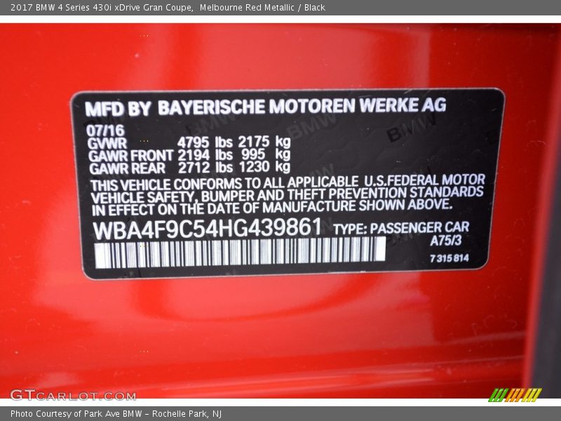 Melbourne Red Metallic / Black 2017 BMW 4 Series 430i xDrive Gran Coupe