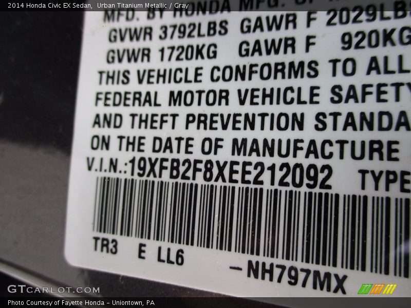 Urban Titanium Metallic / Gray 2014 Honda Civic EX Sedan