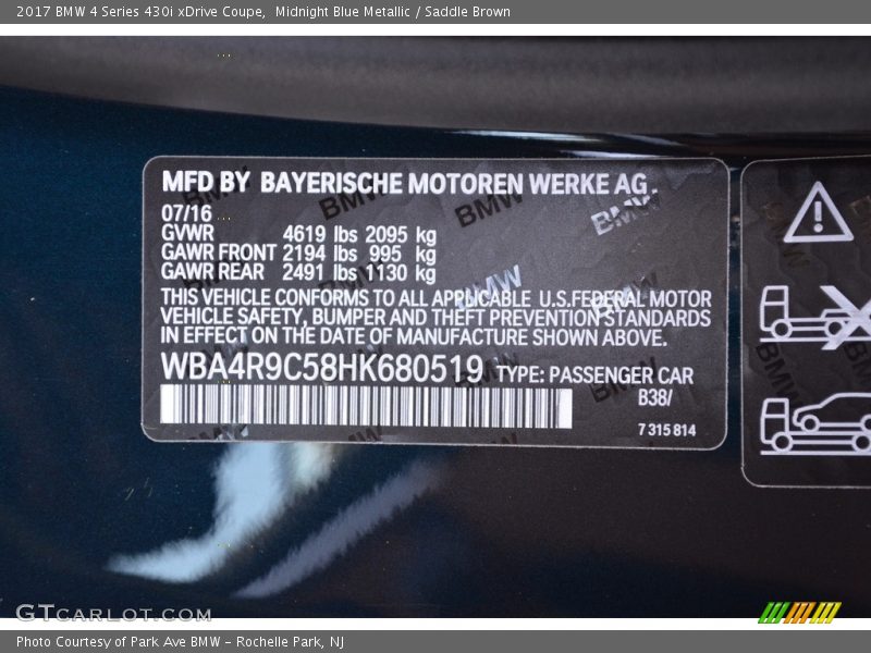 Midnight Blue Metallic / Saddle Brown 2017 BMW 4 Series 430i xDrive Coupe